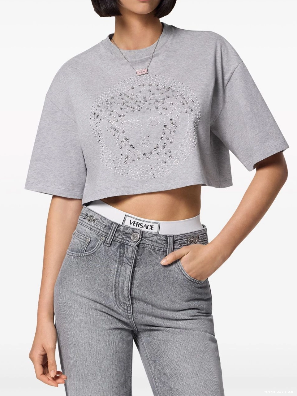 Affordable Medusa Versace Women Crystal cropped T-shirt 0503